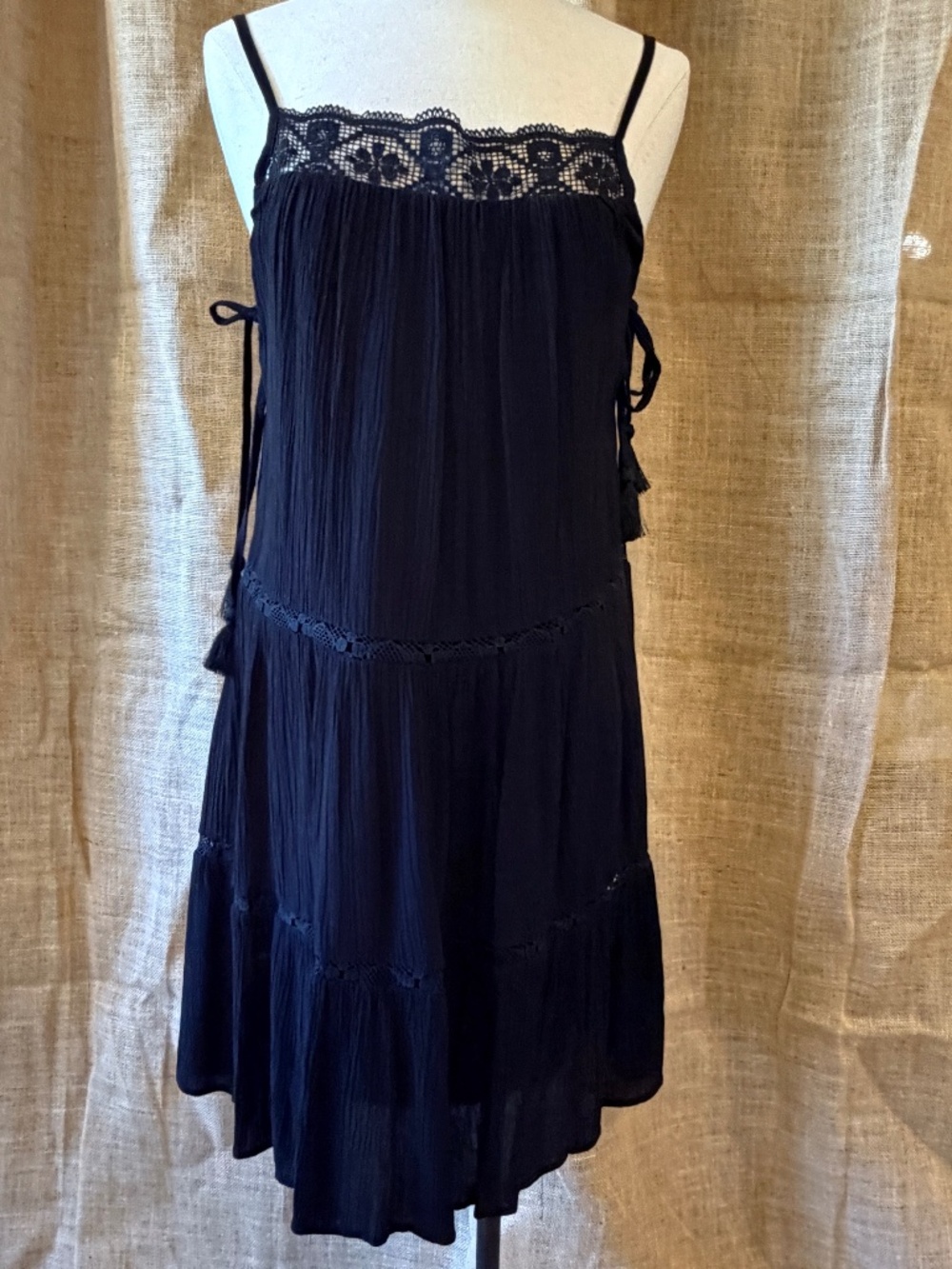 WallFlower Black Tiered Dress with Tassel Tie Details Size Small